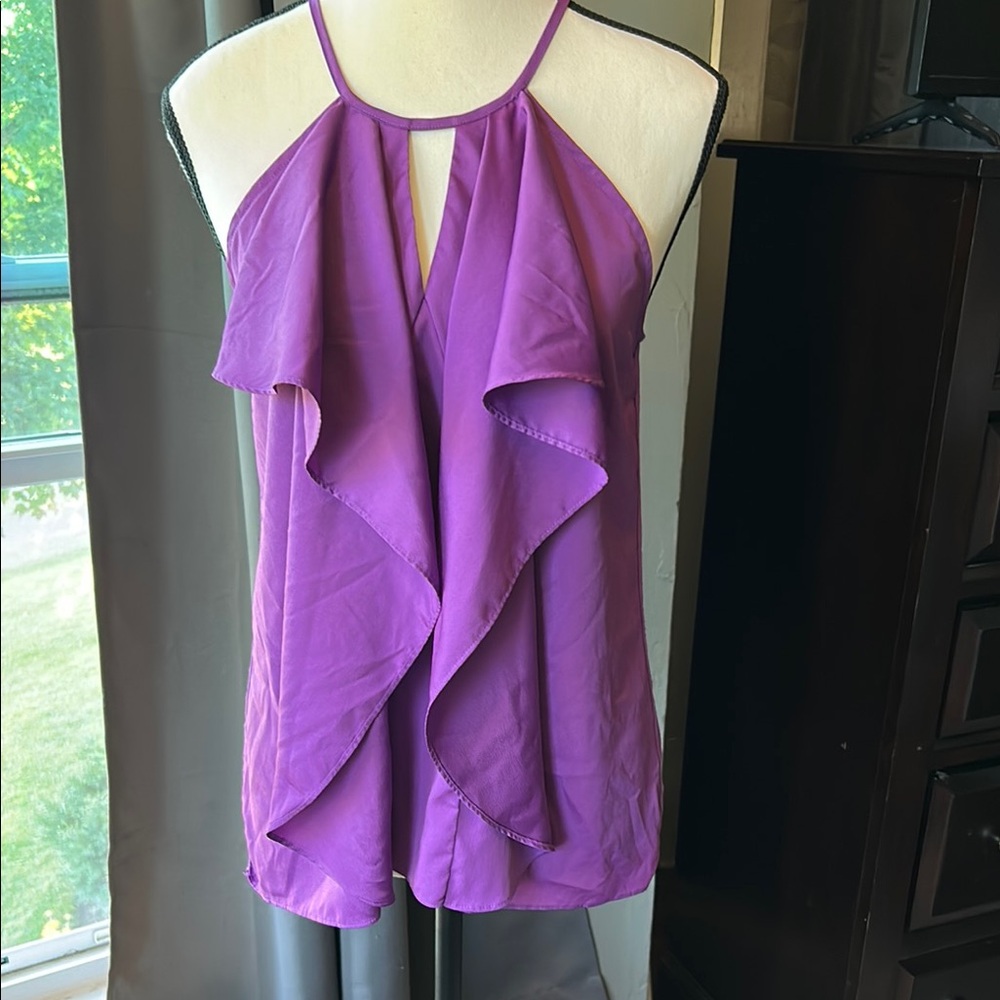 Jennifer Lopez Purple Asymmetrical Ruffled Sleeveless Blouse